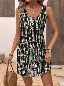 EMERY ROSE 大码女式休闲复古图案无袖圆领连衣裙，适合夏季 - 彩色 - 查看 4