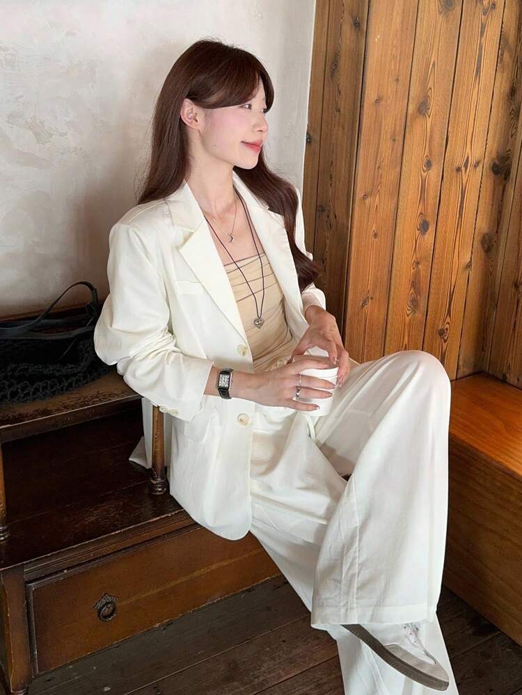 2Pcs Set Women Casual Loose Solid Color Top And Pants, Lapel NeckLong Sleeve