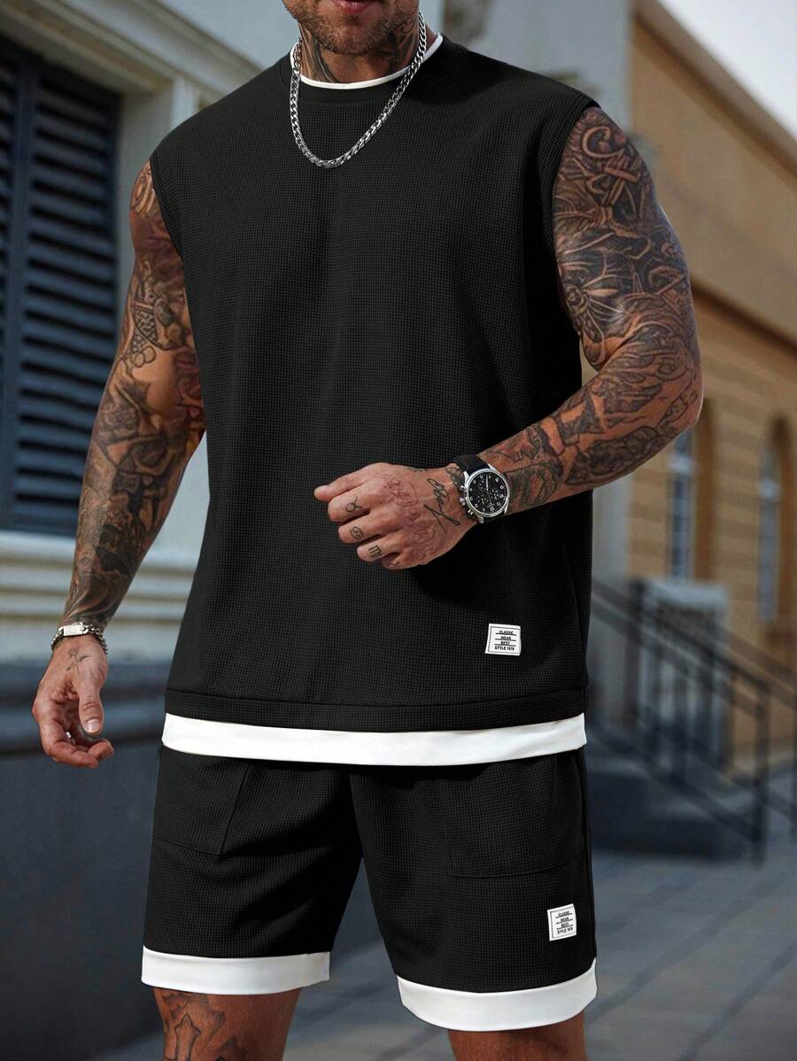 Manfinity Homme Men's Contrast Color Patchwork Round Neck Top And Shorts Casual Set, Holiday - Black - View 1