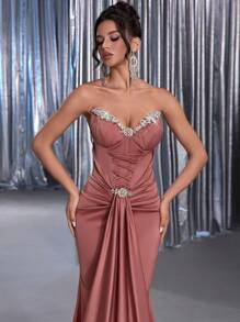 Glamrae 优雅奢华玫瑰棕色缎面手工钻石装饰系带细节鱼尾长裙女式正式晚宴晚礼服 - 棕色 - 查看 2