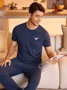 Snug Zone Men's Bird Printed Short-Sleeved T-Shirt And Long Pants Homewear Set, Suitable For Summer - Royal Blue - View 4