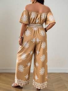 SHEIN LUNE Bộ đồ liền thân tay ngắn hở vai in họa tiết cỡ lớn có dây rút ở eo, mặc ngoài trời thường ngày - Nhiều màu - Xem 2