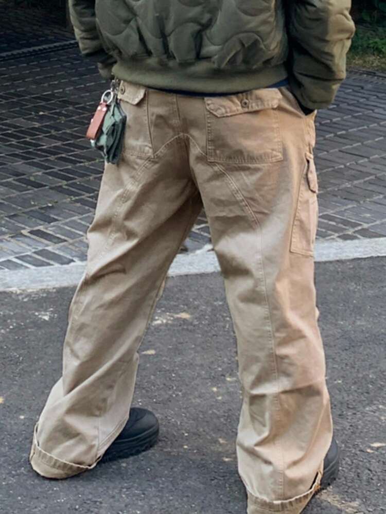 Plain Color Khaki Washed Men's Pants, Autumn Men Joggers