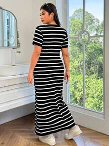 Solflare Plus Size Black & White Striped Long Casual Dress, Suitable For Spring/Summer - Black and White - View 2