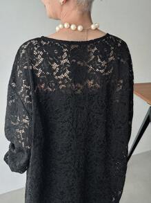 FRIFUL Women's V-Neck Loose Comfortable Solid Color Lace Blouse Long Sleeve Women Tops - Black - View 5