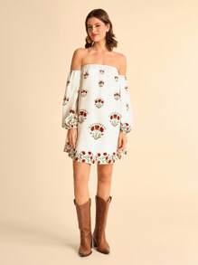 CAJUNI 女士休闲度假米红色花朵单肩印花长袖灯笼袖露肩短裙约会夜服装女士秋季连衣裙女士演唱会服装女士波西米亚风服装 - 彩色 - 查看 4