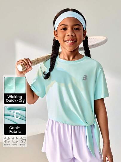 JNSQ 重返校园青少年女孩运动 T 恤，儿童圆领不对称蝴蝶结下摆 3M 反光印花户外运动 T 恤