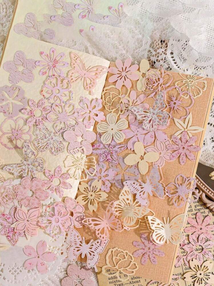 1 paquete/50 hojas de papel retro para scrapbooking con diseño de flor hueca, para decoración DIY, planificación de revistas y vuelta al cole - Multicolor - Añade 1