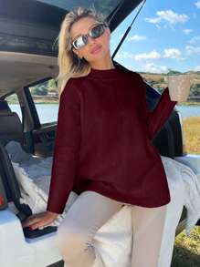 EURMUSE Women Solid Color Mock Neck Raglan Sleeves Sweater - Burgundy - View 4