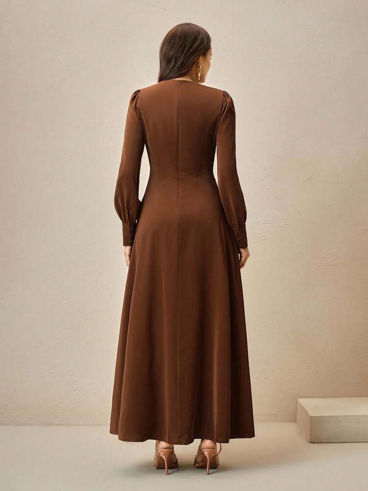 2025 Summer New Fashion High-End Unique Pleated Deep V-Neck Long Sleeve Dress, Elegant, Yellow, Vintage, Waist-Cinched, Flared Skirt