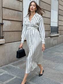 Pariaura Casual Commuting Striped Front Button-Up Shirt Dress Casual Outfits Spring Clothes For University Fall Cloth For Women - White - View 7