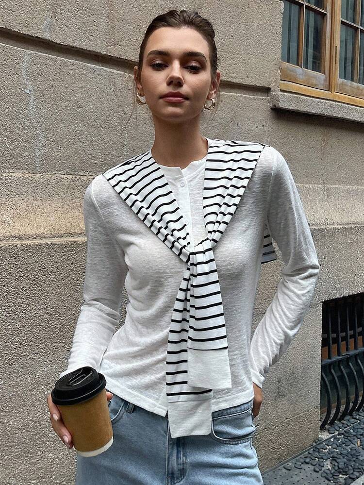 Women's Lightweight T-Shirt With Contrast Color Stripe & Graphic Print, Loose Fit, Spring/Autumn 2pcs Set Striped Cardigan Women Cardigan Cardigan For Women For Summer French Style Clothes