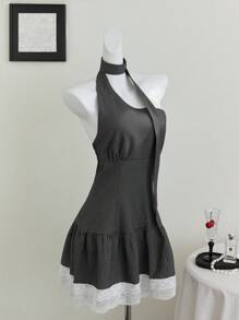 SHEIN Unity 不对称格子荷叶边不对称下摆蕾丝连衣裙 - 黑色 - 查看 6