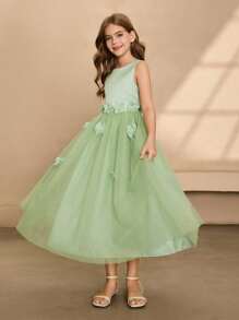 女孩高贵绿色圆领无袖3D花卉薄纱连衣裙，适合派对、宴会、度假、晚会、婚礼、花童表演、生日等场合 - 綠色 - 查看 4