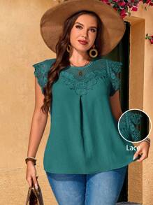 EMERY ROSE Plus Size Women Water-Soluble Lace Tunic Tops Dressy Blouses , Vacation Summer,Holiday Outfits For Women