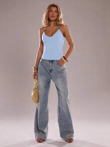 SHEIN BAE 棕色串珠细肩带女士吊带上衣、夏季性感紧身复古吊带上衣、度假沙滩上衣、串珠背心 - 淺藍色 - 查看 3