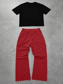 Manfinity Roghcode Manfinity Streetrush Pakaian Streetwear Pria Hitam dan Merah 2pcs Set, Kaos Lengan Pendek Crop dengan Motif Gambar & Huruf & Celana Panjang Lebar Tema Liburan Kota Musim Panas - MultiWarna - View 2