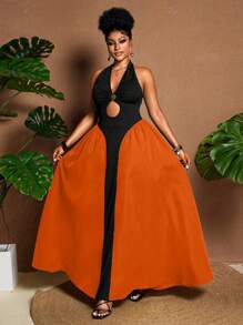 Maweii Plus Size Women Plunging Neckline Lace-Up Metallic Buckle Asymmetric Hem Semi-Sheer Split Side Sexy Summer Vacation Dress - Multicolor - View 4