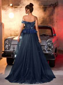 Glamrae 优雅奢华露肩串珠亮片花卉美人鱼连衣裙，开衩，超大薄纱覆盖，适合婚礼、派对、舞会、宴会（重刺绣） - 藏蓝色 - 查看 2