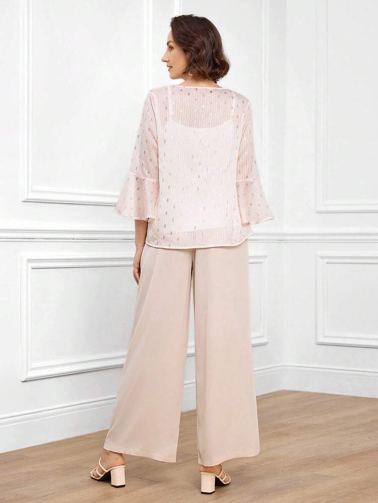 2pcs Women Daily Casual Streetwear Set, Foil Fabric Top & Pants Blouse And Pants Set Ladies Casual Sets Set Outfit For Women Elegant Wide Leg Pants Set Two Piece Pants Set Women, Fall Women Clothes,Winter Outfit For Women,Old Money Style Women,Business Casual Woman,Teacher Outfits For Women,Going Out Outfits,Birthday Sets For Women,Delicate Romance
