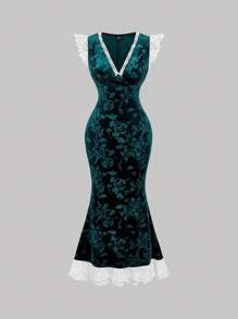 SHEIN MOD 复古宫廷风V领天鹅绒印花连衣裙，军绿色 - 綠色 - 查看 1