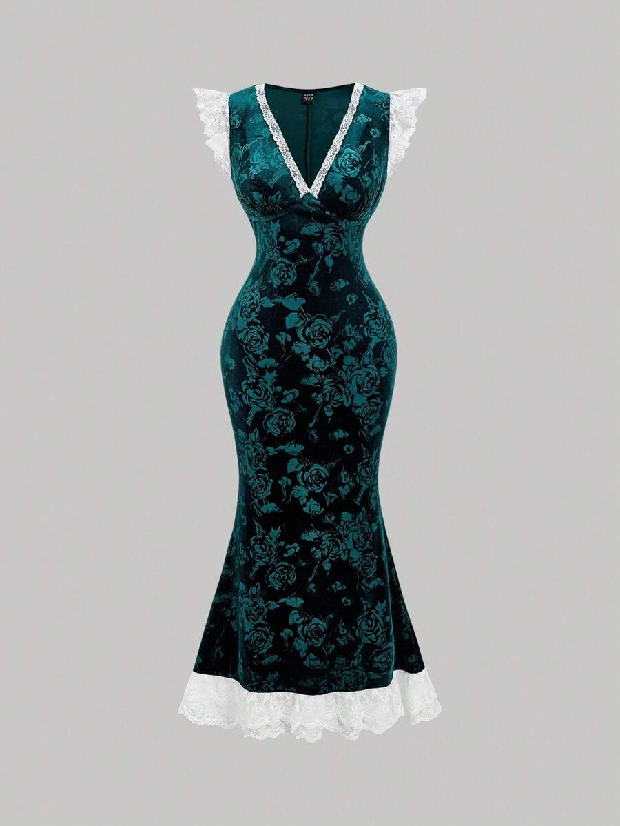 SHEIN MOD 复古宫廷风V领天鹅绒印花连衣裙，军绿色 - 綠色 - 查看 1