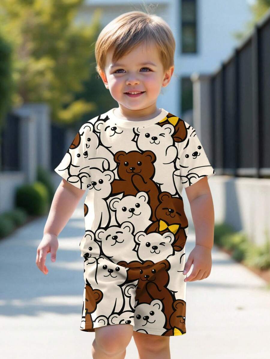 SHEIN Bộ 2 áo thun tay ngắn cổ tròn họa tiết hoạt hình thường ngày cho bé trai, thích hợp cho mùa hè - Nhiều màu - Xem 1