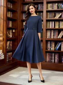 Vintamour 复古经典优雅女装秋冬修身船领连衣裙七分袖连衣裙海军蓝连衣裙金属纽扣口袋连衣裙 - 藏蓝色 - 查看 5