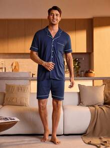 男士撞色滚边睡衣套装 / 睡衣套装 - 藏蓝色 - 查看 3