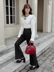 SHEIN Conjunto de blusa con lazo y mangas cortas + pantalones de pierna ancha en estilo dulce para niña