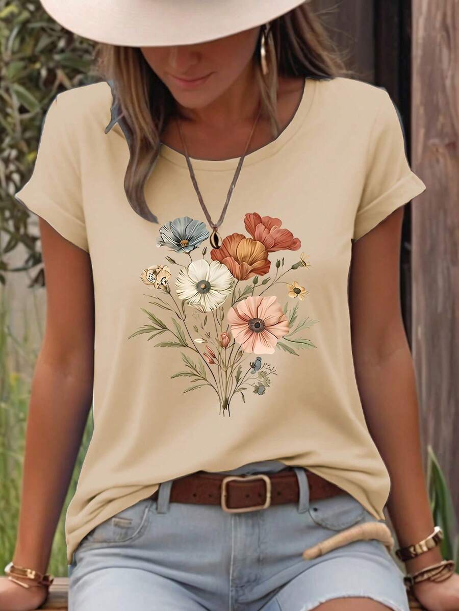 EMERY ROSE Plus Size Women Plant & Floral Pattern Round Neck Short Sleeve T-Shirt - Khaki - View 1