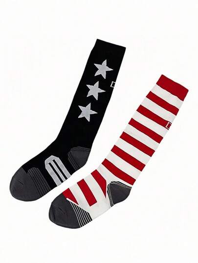 Grunge Punk Independence Day USA Flag & Stripe Pattern Mid-Calf Socks, Colorblock Design Casual & Fashion, All Seasons