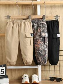 SHEIN 3 件套男婴休闲工装裤，卡其色、黑色和迷彩，舒适百搭，适合室内、户外、日常、运动、玩耍、派对、拍照、度假、所有季节