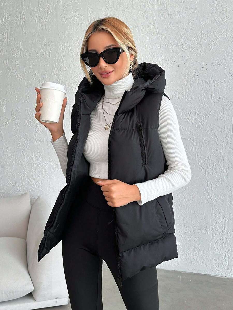 SHEIN Tall Tall Size Casual Zip Up Hooded Winter Coat Vest - Black - View 1