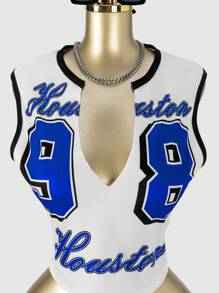 SHEIN SXY Áo ba lỗ in họa tiết đường phố không tay gợi cảm, mùa xuân/hè - Màu xanh lam - Xem 7