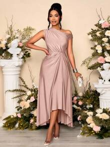 SOLERSUN Thời trang xuân hè cho nữ, tiệc sang trọng, màu tím, chất liệu dệt kim co giãn, thoải mái, chi tiết xếp nếp, váy dài xẻ tà, cổ áo bất đối xứng, viền bất đối xứng - Hồng - Xem 6