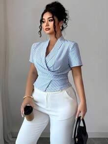 Elenzga Elegant Summer Shirt With Woven Stripes For Plus-Size Women - Blue and White - View 5