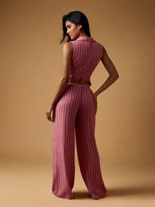 MISSGUIDED Quần ống rộng Palazzo phối hợp áo quấn vải lanh và quần dài ống rộng phối đồ đi nghỉ dưỡng, bãi biển mùa hè, bộ đồ mặc nhà sọc cạp cao, trang phục dự tiệc tối - Màu Hồng Tươi - Xem 2