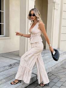 SHEIN Frenchy 2pcs/Set Women Summer Casual Solid Color Sleeveless Top And Wide Leg Pants - Apricot - View 6