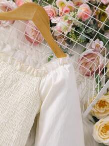 SHEIN Tween Girls Solid Square Collar Puff Sleeve Shirred Waist Flounced Hem A-Line Dress, Elegant & Sweet French Style,Back To School Clothes Fall Winter