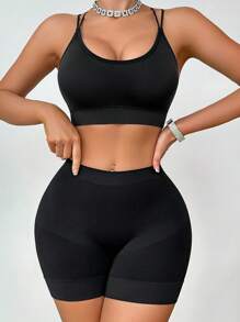 SHEIN 2 peças/Conjunto Sutiã Esportivo Casual Feminino Sem Fio Confortável com Enchimento Removível e Alças Cruzadas nas Costas, e Calcinha Tipo Cintura Alta - Preto - Visão 5