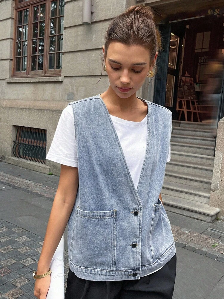 Women's Deep V Single-Breasted Pocket Loose Casual Denim Vest Women Vest Vest Shirt Jeans Vest Denim Waistcoat