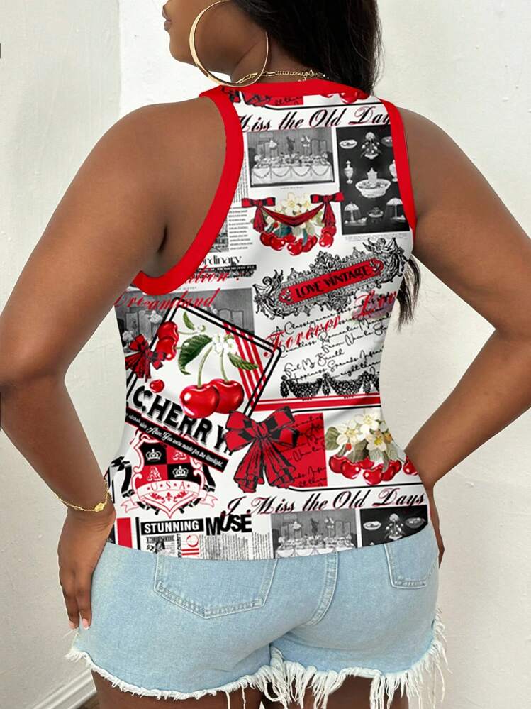 Slaydiva Plus Size Women Cherry Cartoon Print Round Neck Sleeveless Tank Top, Suitable For Summer Suitable For Going Out Back To School - Red - View 2