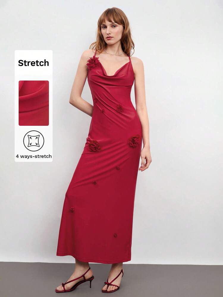 SHEIN Maija Women's Floral Decor Draped Neck Sleeveless Dress, Elegant