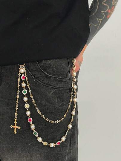 Fairycore 1pc Vintage Luxury Colorful Crystal & Faux Pearl Waist Chain, Men's Hiphop Personalized Cross Body Chain, Pants Decoration