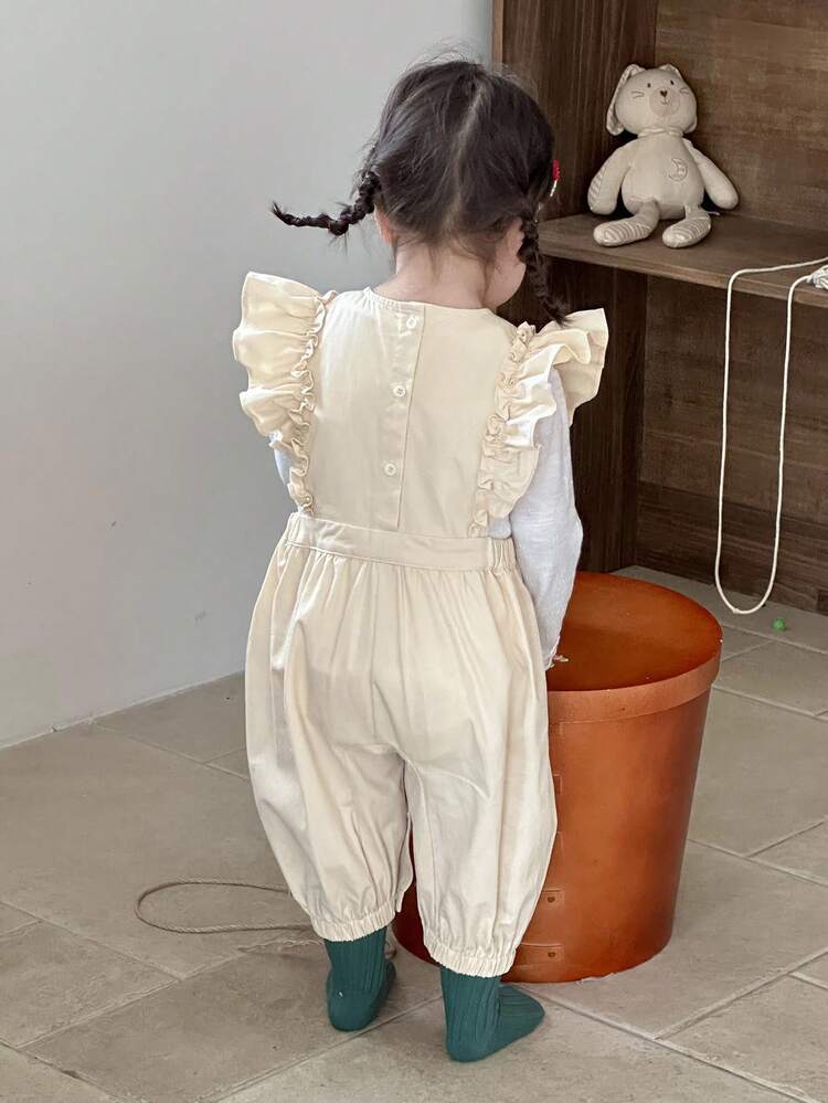 Baby Girls Ruffled Casual Cartoon Embroidery Solid Color Cute Fresh Jumpsuit Toddler Girls Clothes