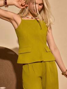 Bóhologie Damen Trägertop und Hose Set aus einfarbigem Material, legeres Zweiteiler-Outfit - Olivgrün - Übersicht 6