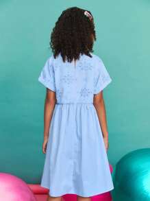 Leap Crew Leap Crew 青少年女孩休闲简约舒适圆领短袖收腰镂空侧边修身连衣裙 - 藍色 - 查看 5