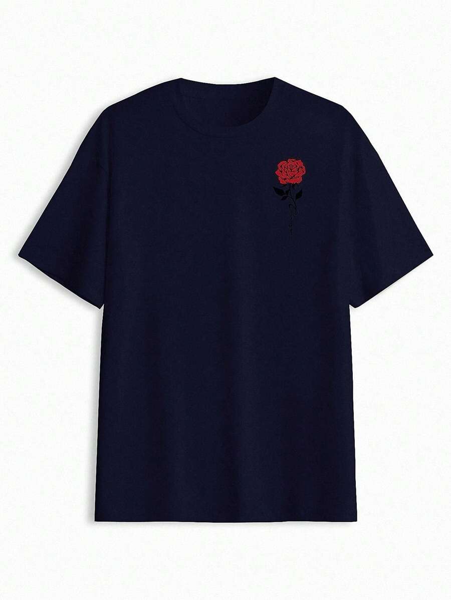 EURMUSE Áo thun cổ tròn in hoa hồng 100% Cotton cho nam - Màu xanh hải quân - Xem 1