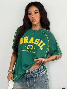 Coolane 女款街头风 Y2K 酷炫活动字母印花撞色短袖黑色 T 恤 - 綠色 - 查看 4